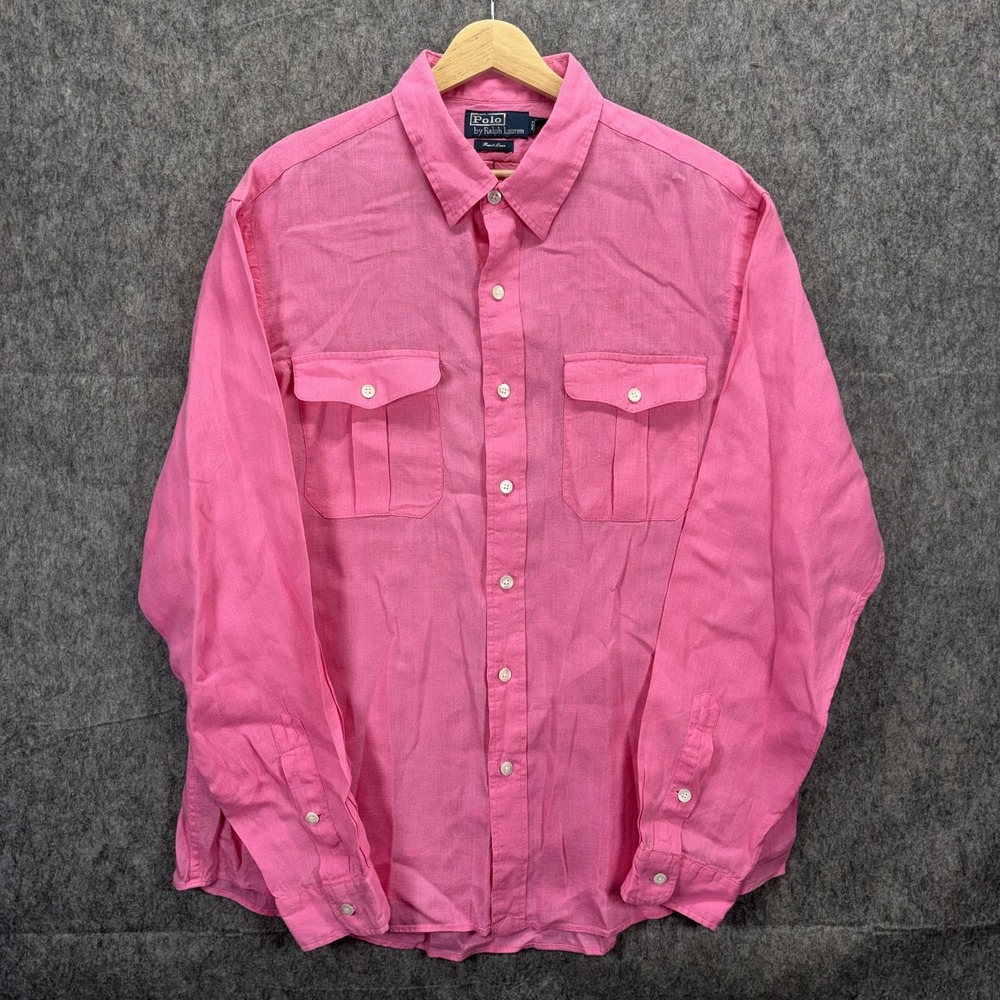 Polo Ralph Lauren Resort Linen Shirt Mens XL Long Sleeve Pink 2 Pocket Button Up